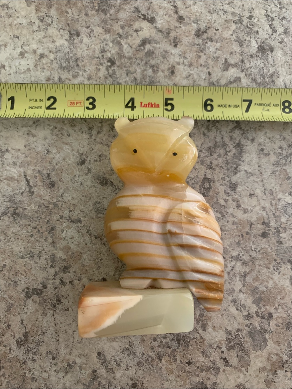 Vintage handcrafted stone owl figurine honey, brown, and white marbled tones.